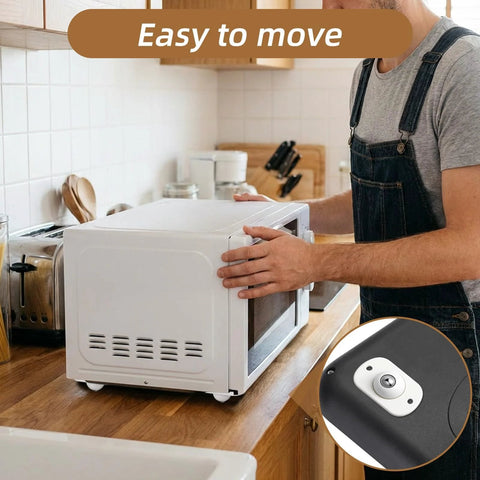 Man moving microwave with Eight Pack Self Adhesive Caster Wheels With 360 Degree Swivel Universal Small Casters for Kitchen Appliances.