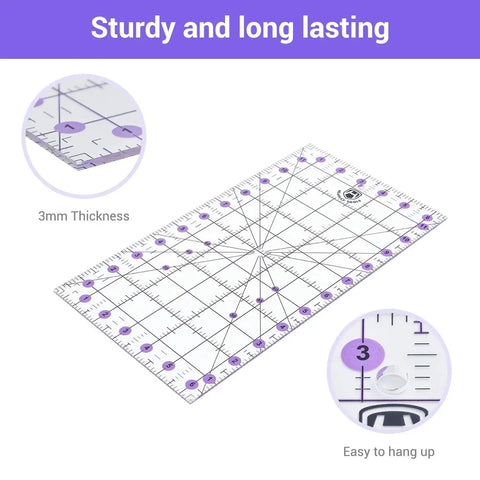 6.5x12 inch quilting ruler from All In One 45mm Rotary Cutter Set With 5 Extra Blades, A3 Self Healing Cutting Mat, purple details