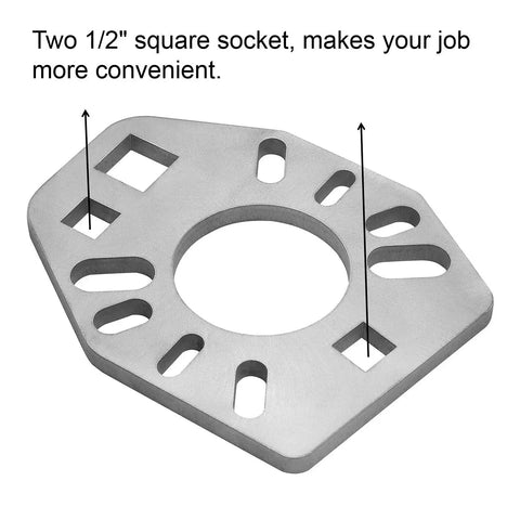Stainless Steel Pinion Yoke Wrench Tool For Ford Dana AMC GM Axles And Flanges with two 1/2" square sockets, top view.