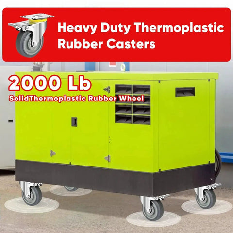 Industrial equipment on Heavy Duty 5 Inch Caster Wheels Set, 4 Pack, Includes 2 Locking Swivel Casters And 2 Rigid Casters, 500 Pound Capacity Each, TPR Silent Tread With Steel Core, Includes M8 Bolts And Nuts For Easy Mounting, showing casters installed.