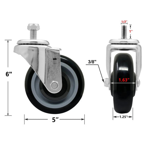 5 Inch Shopping Cart Replacement Casters Set Of Four Polyurethane Stem Wheels For Heavy Duty Load Up To 1400 Lbs Smooth Swivel And Low Marking Durable Construction Designed For Heavy Duty Carts And Trolleys With Non Marking Surface, showing side and front view with dimensions.