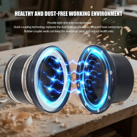 Magnetic Dust Collection Fittings Quick Connect Kit showing tool-free magnetic connection with glowing effect