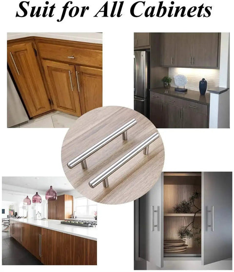 Solid Brushed Nickel Stainless Steel Kitchen Cabinet Handles 2-1/2 Inch Center To Center 64mm 4 Inch Total Length installed on various cabinets