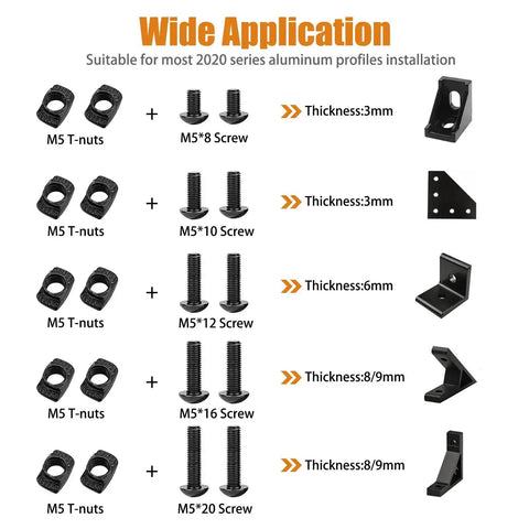 Image showing M5 T Nuts And Bolts Assortment Kit For 2020 Aluminum Extrusion with screws and brackets, thickness details visible.