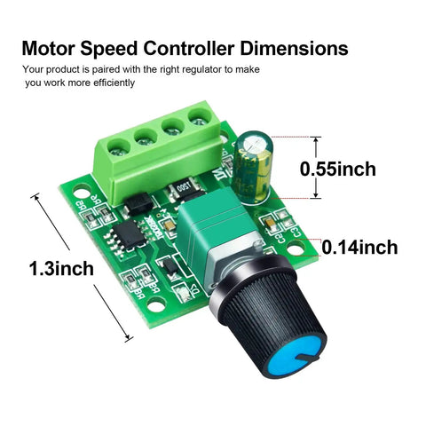 Low Voltage PWM DC Motor Speed Controller 1.8V To 12V 2A 24W Adjustable Driver Switch dimensions with green circuit board and knob