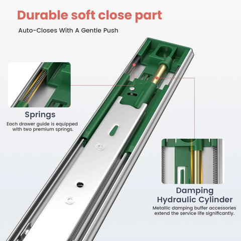 Damping hydraulic cylinder and springs in 22 Inch Soft Close Drawer Slides Built To Last Heavy Duty Side Mount 100Lb Capacity Full Extension Ball Bearing Cabinet Glides For Kitchen And Dresser 6 Pairs 12 Pack