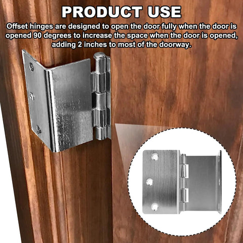 Expandable Handicap Door Hinges Offset Two Swing Hinges In Satin Chrome For Wheelchair Accessibility Opens 90 Degrees And Adds 2 Inches To Doorways For Barrier Free Entry shown installed on wooden door