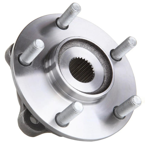 Front view of front wheel hub and bearing assembly replacement 2 pack for Mitsubishi Lancer and 3000GT 5 lug front hubs without ABS