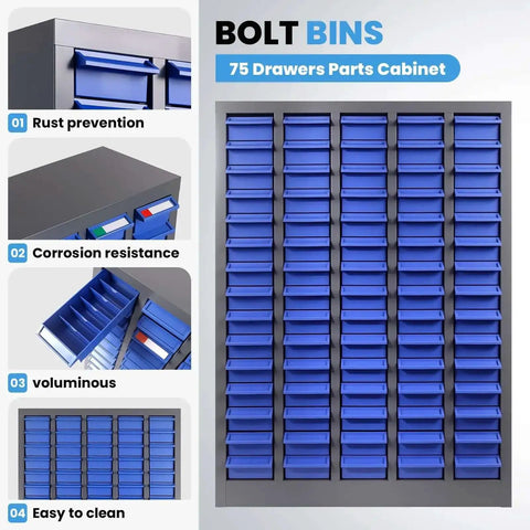 Heavy Duty 75 Drawer Parts Cabinet With 26 By 9 By 36 Inch Steel Frame And ABS Drawers Multi Purpose Nut And Bolt Organizer High Capacity Tool Storage Bin
