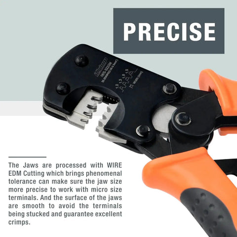 Micro Connector Pin Crimping Tool for D Sub Open Barrel Connectors, front view, showing ratcheting mechanism and jaws.
