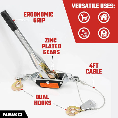 1 Ton Come Along Winch With Dual Gears And 5.9 Ft Cable, 2 Hooks featuring ergonomic grip, zinc plated gears, and dual hooks