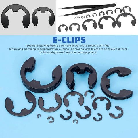 211 Piece E Clip Retaining Ring Set With 14 Sizes 65Mn Steel Heat Treated External Circlips With Tweezers For Gears Machinery And Automotive DIY Projects Durable Retaining Rings.
