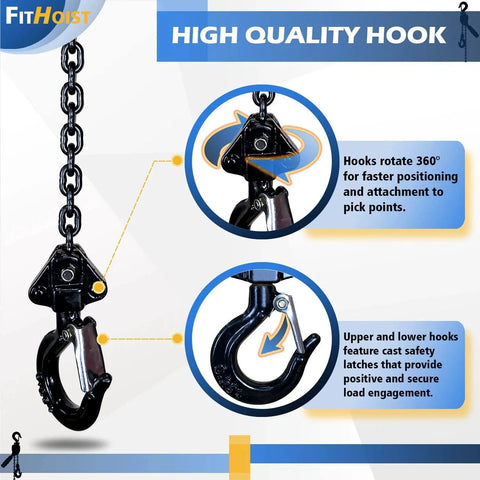 Chain Hoist Come Along One Quarter Ton With Ten Foot Lift 550 Lbs Capacity G80 Manganese Chain Hooks Detail View