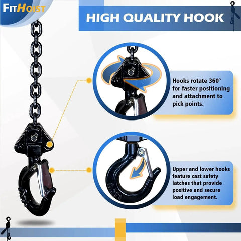 Half Ton Chain Hoist Come Along With Ten Foot Lift G80 Chain With Two Hooks showing high-quality rotating hook details