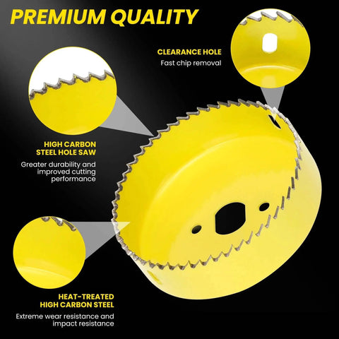 Image of a yellow high carbon steel hole saw with detailed features from the Six Piece Premium Hole Saw Kit With Mandrels And Hex Key 1-1/4 To 2-1/8 Inch 32-54mm For Wood PVC Drywall Plastic Includes Four Saw Blades And Pre Sharpened Blades For Faster Cutting Professional Hole Cutter Set.