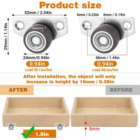 1 Inch Side Mount Caster Wheels Set Of 4 Non Swivel Rigid Mini Furniture Casters for DIY Projects, dimensions and before-after installation view.