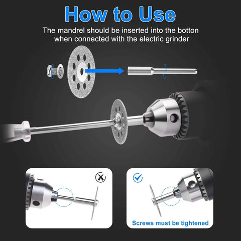 Diagram showing how to use Pro Grade Heavy Duty 20 Pack Diamond Cutting Discs Kit For Dremel Rotary Tools with mandrels