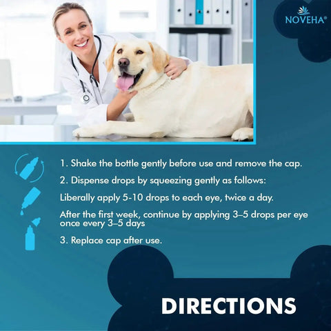 A veterinarian with a dog in a clinic, showcasing Gentle Pet Drops Wash for Eyes and Skin Cleansing for Dogs Cats Horses Rabbits.