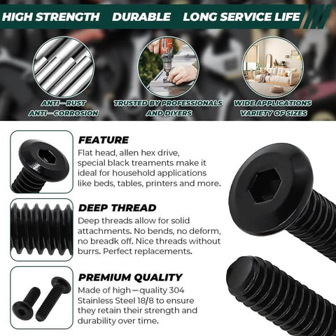 1/4-20 Flat Head Hex Socket Cap Screws, 3/4 Inch, 25 Pack, 18-8 Stainless Steel 304, Black Oxide Finish details and features displayed