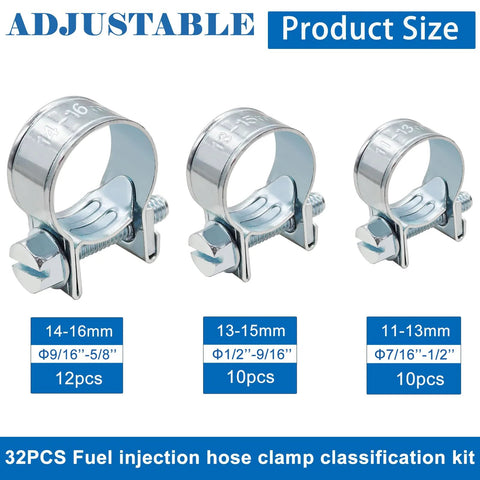 Automotive fuel hose clamp set, chrome-plated metal, sizes 14–16mm (12), 13–15mm (10), 11–13mm (10).