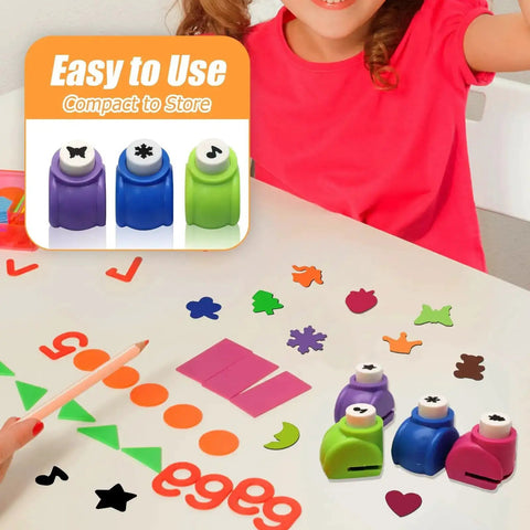 Child using 12 Piece Craft Hole Punch Shapes Set for Scrapbooking and Card Making Mini Paper Punchers, assorted colors on table