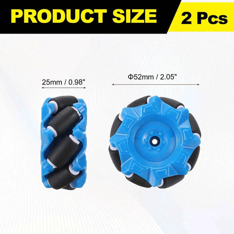 Front and side view of Mecanum Wheel Set For Smart Robot Cars And DIY Models with 52mm omnidirectional ABS rubber wheels blue.