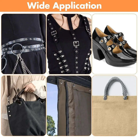 Collage showing different uses of 3/8 Inch Grommet Tool Kit With 800 Eyelets And Grommets on clothing, shoes, and bags.