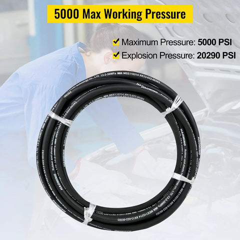 Hydraulic hose, black rubber, 1/2 in ID, 50 ft coil with white printed markings, 5000 PSI max.