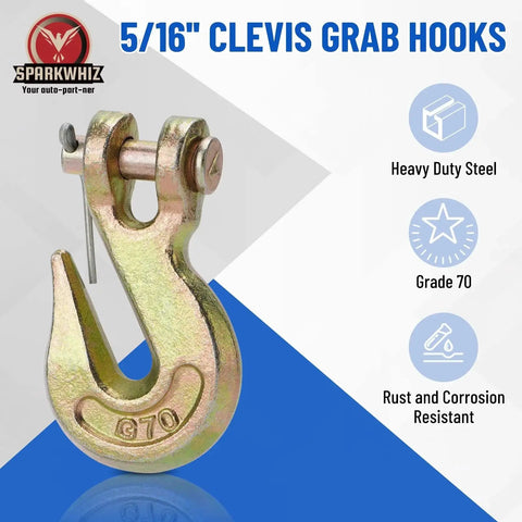 5/16 in Clevis Grab Hooks Grade 70 Heavy Duty Steel, rust and corrosion resistant, front view with specs