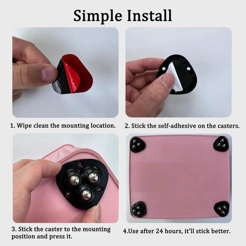 Self Adhesive Mini Caster Wheels 360 Degree Swivel Installation Guide on Pink Storage Bin