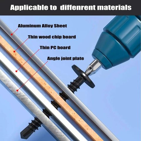 Heavy Duty Self Tapping Screws Assortment Kit For Metal Size 8, drilling into various materials with a blue drill