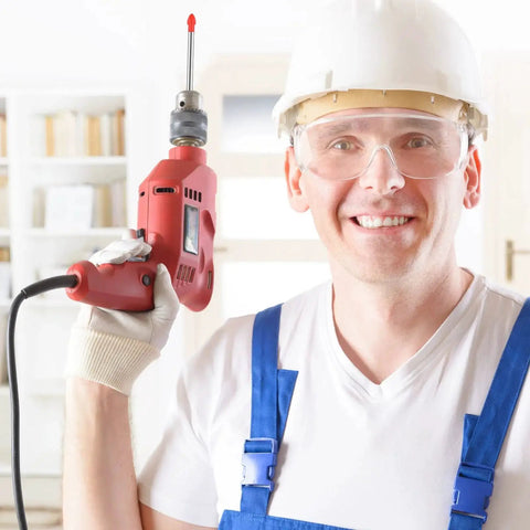 Man holding drill with Tile Drill Bits Set 20 Pieces 6 Mm Carbide Tips For Glass Ceramic Concrete Brick And Plastic
