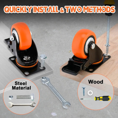 Beefy Heavy Duty 3 Inch Swivel Caster Wheels With Brakes, 1500 Lb Capacity, shown with installation tools on wood and steel surfaces.