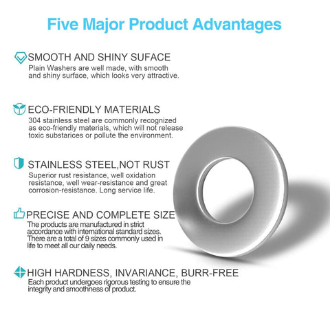 Flat washer set, 304 stainless steel, 800 pcs, 9 sizes M2–M12