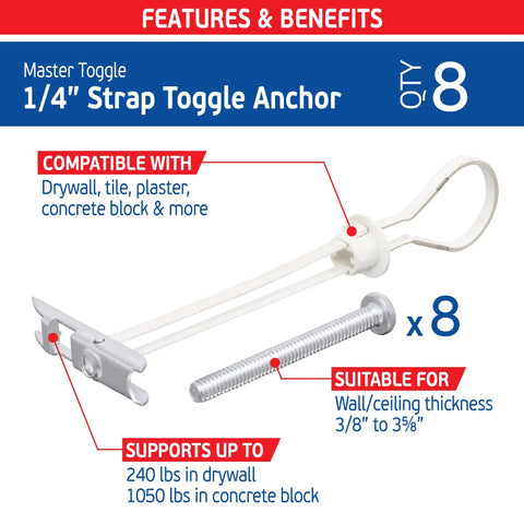Heavy Duty Master Toggle Bolt Strap Anchors Kit 8 Pack with 8 steel threaded studs, compatible with drywall, tile, and block.