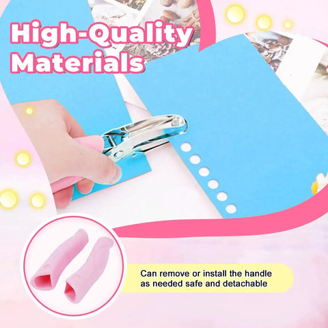 Person using Three Pack Handy Metal Handheld Hole Punch Set For Crafting And Scrapbooks with Soft Grip Handles punching paper