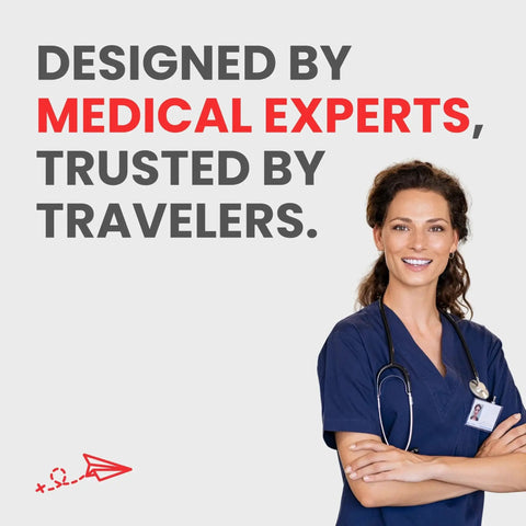 Smiling medical expert promoting Essential Travel Medicine Kit For On The Go Pros OTC Meds TSA Approved Ultra Compact 18 Tablet Set