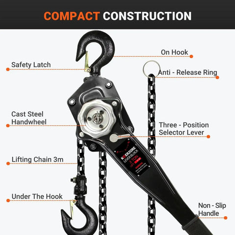 Front view of 3 Ton Manual Lever Chain Hoist With 10ft Lift G80 Galvanized Steel Come Along showing hooks and levers.