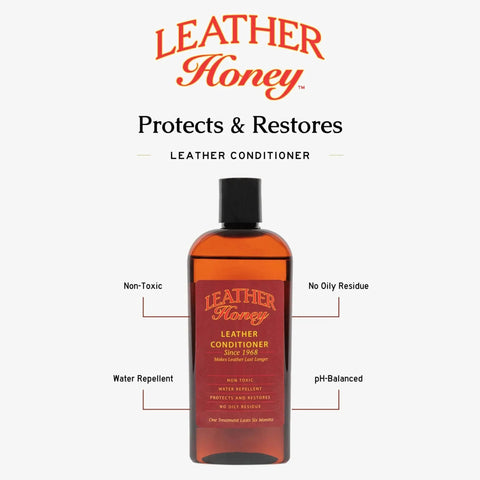 Leather Conditioner For All Leather Items 8oz Non Toxic Made In USA bottle showing features like non-toxic and water repellent