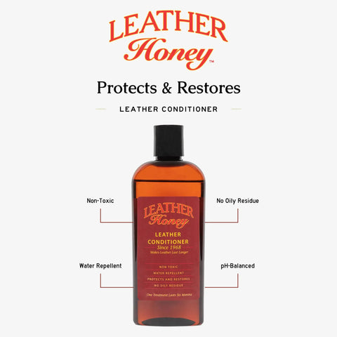 Premium Leather Conditioner That Restores All Leather Items From Auto To Furniture And Shoes Purses And Tack Non Toxic Made In USA 8 Fl Oz Leather Honey bottle with label.