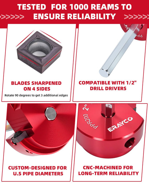 ERAYCO 3/4 in PVC pipe reamer with red CNC-machined body; fits 1/2 in drills for SCH40 PVC/CPVC/ABS.