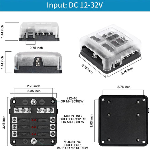 Six Way Fuse Block for 12V and 24V Vehicles with Six Circuit ATC ATO Waterproof Fuse Box Holder LED Indicator and Weatherproof Cover