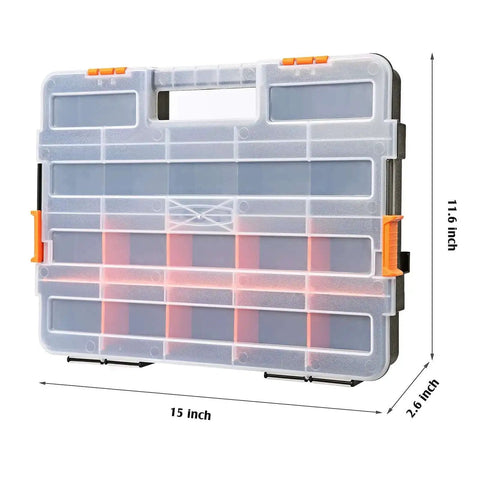 Two Piece 15 Inch Toolbox Organizer Set With 34 Compartments And 20 Removable Dividers, Durable Plastic Case In Black And Orange For Screws Nuts And Small Parts