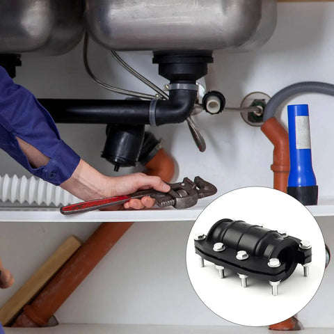 1 Inch Water Pipe Repair Clamp Kit With 8 Nuts, 8 Screws, And 16 Washers For 24mm To 26mm Plastic And Metal Pipes, shown under a sink