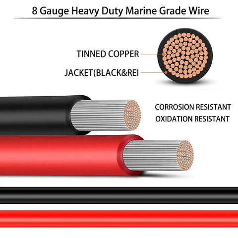 8 AWG marine-grade two-conductor trolling motor wire with black and red jackets and tinned copper strands