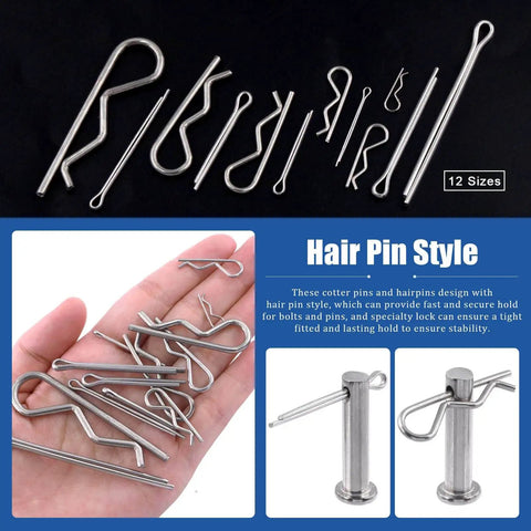 Stainless Steel 304 Cotter Pins And Hairpin R Clips Set 215 Piece Assortment Kit in hand showcasing various sizes.