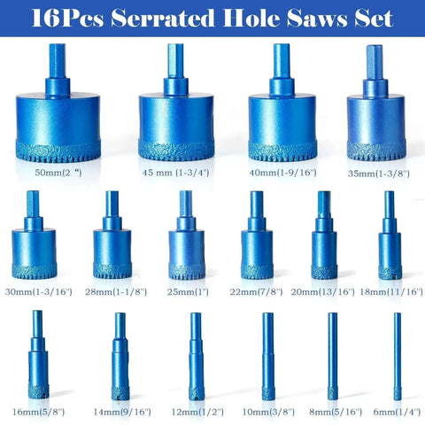 Pro Grade Diamond Tile Drill Bit Set 16 Pc Kit For Porcelain Glass Ceramic Stone Granite Marble Dry And Wet Dual Use High Precision Core Drill Bits With Serrated Brazed Cutting Edges
