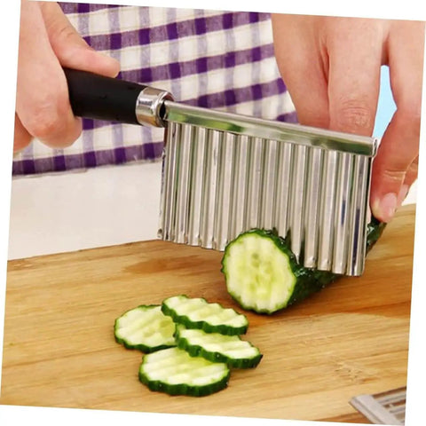 2 Pack Wavy Potato Cutter Set Showeroro with ergonomic handles slicing cucumber into crinkle cuts on a wooden board.