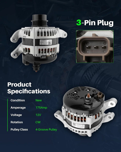 175 Amp 12V High Output Alternator For Ford Taurus 2013-2017 Fusion 2013-2020 Edge 2015 And Lincoln MKZ 2013-2020 MKC 2015-2019 Replacement DG1Z-10346-E 104210-6561 with 3-pin plug and 4-groove pulley