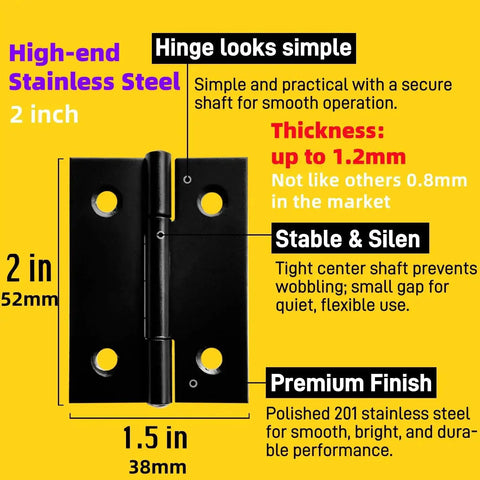 Close-up of 2-inch stainless steel mini hinge with heavy duty black finish and text details for DIY wood boxes and furniture projects.